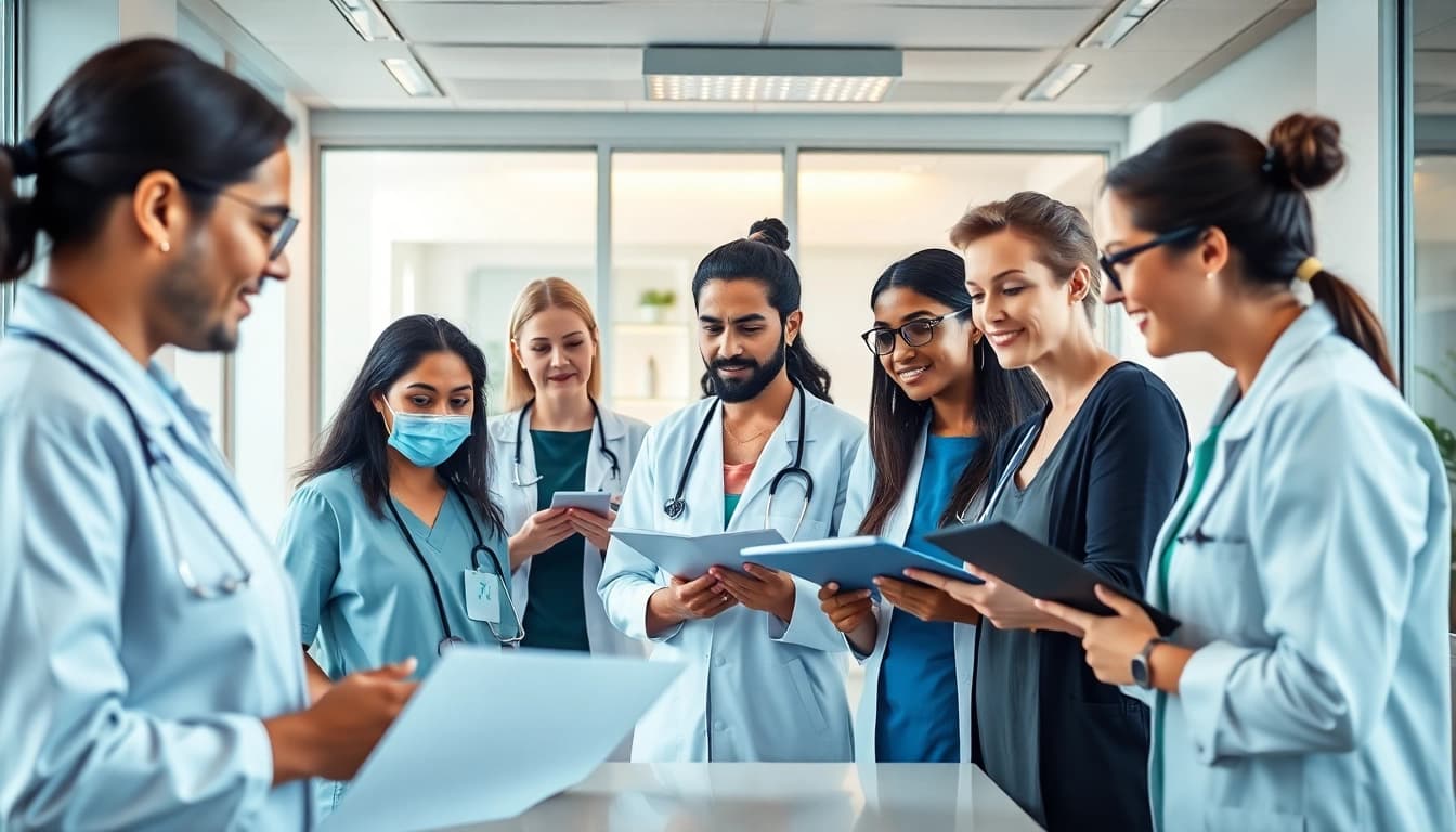 Engaged healthcare professionals discussing strategies for personalgewinnung in der pflege in a modern office setting.