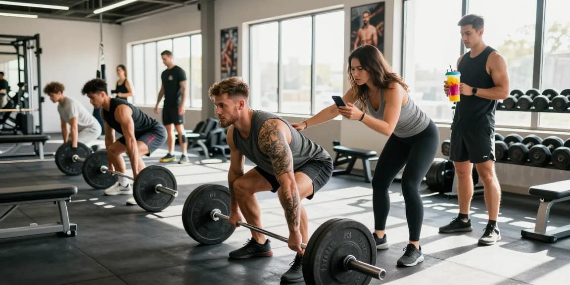 Anabolika Shop: Fitness-Enthusiasten, die im modernen Gym Gewichte heben und Proteindrinks vorbereiten, zeigen eine energetische Umgebung.