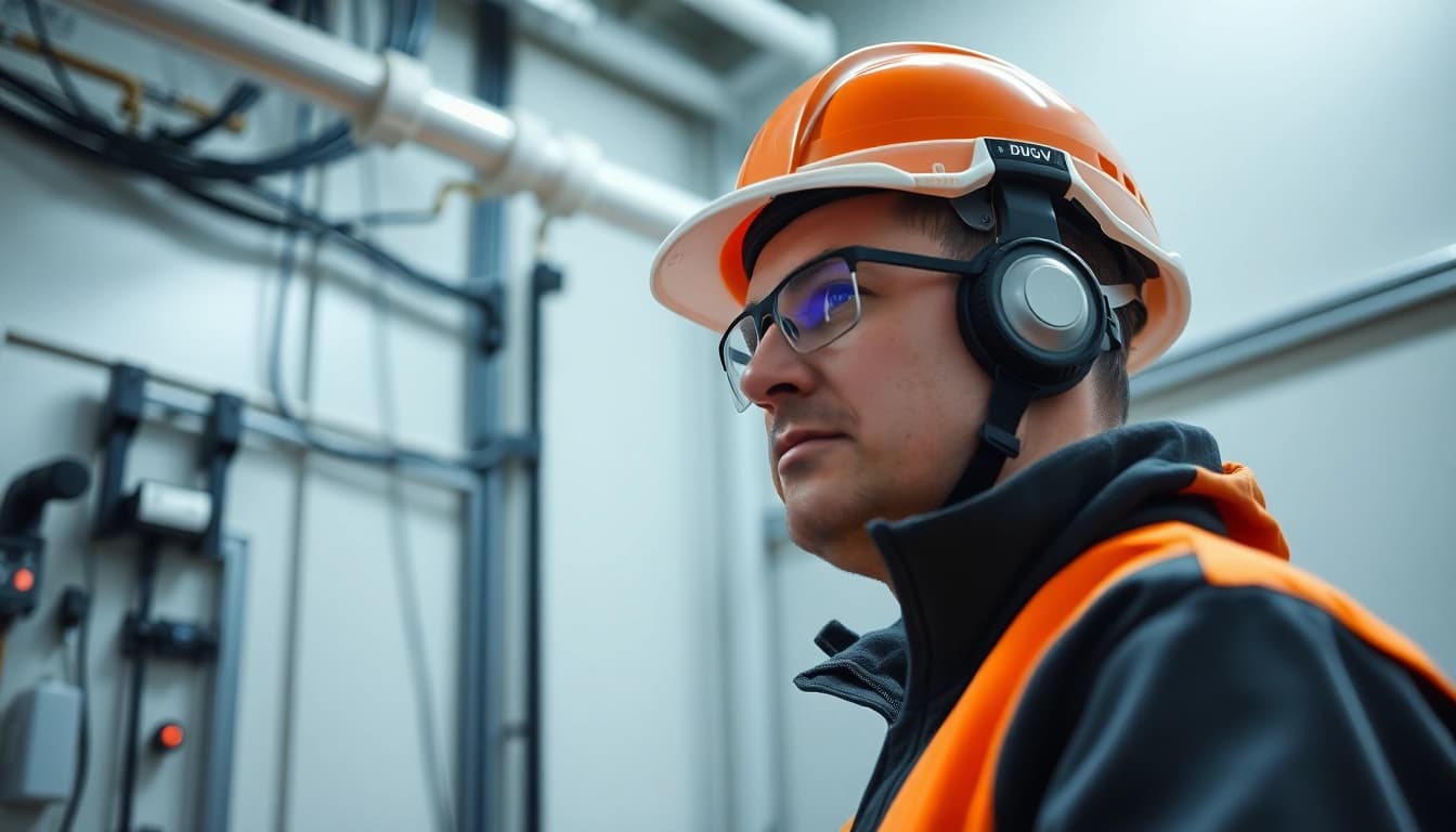 Techniker führt DGUV V3 Prüfung an elektrischen Geräten durch, Sicherheitsüberprüfung und Dokumentation im Fokus.