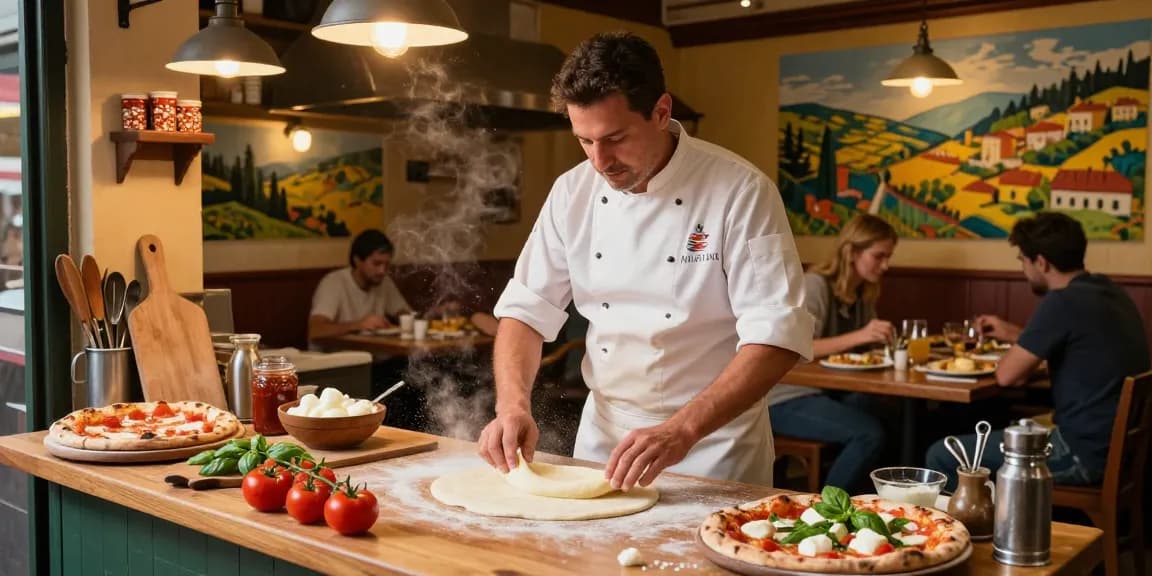 Chef preparing authentic Italian pizza at Pizzeria Madera, showcasing pg soft dough and fresh toppings in a warm, inviting kitchen.