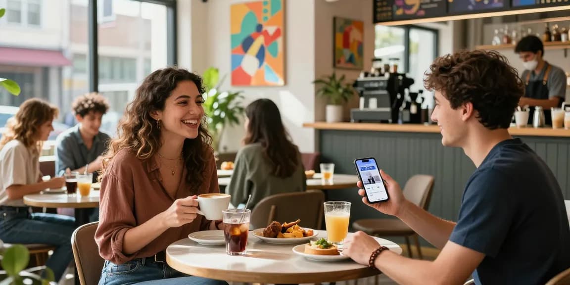 Friends enjoying coffee at a café while exploring ROKOK88 app for local experiences.