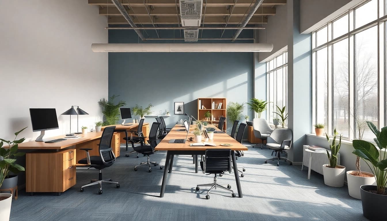 Moderne Büromöbel in einem lichtdurchfluteten Büro schaffen eine produktive Atmosphäre.