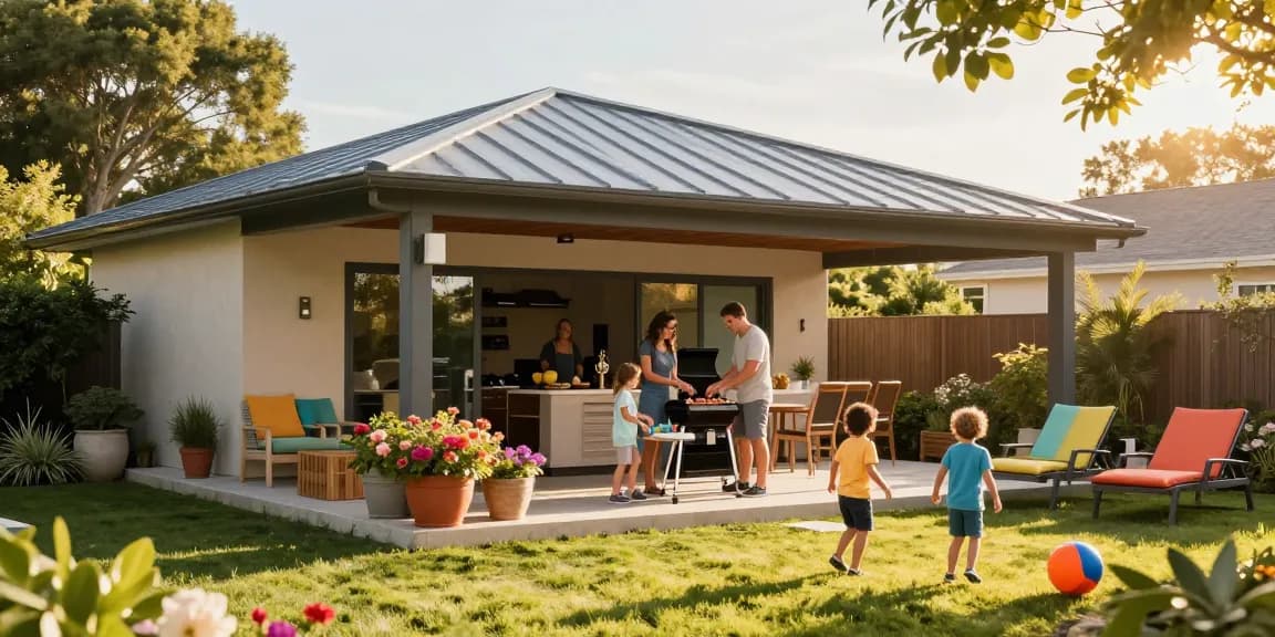 Moderne Terrassenüberdachungen schaffen einen einladenden Außenbereich für Familienspaß.