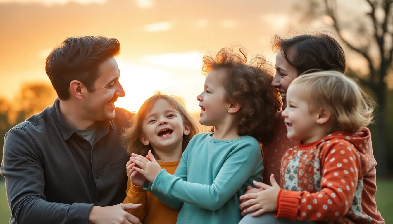 Kindererziehung: Eine glückliche Familie spielt im Park, was die Freude und das Engagement in der Erziehung widerspiegelt.