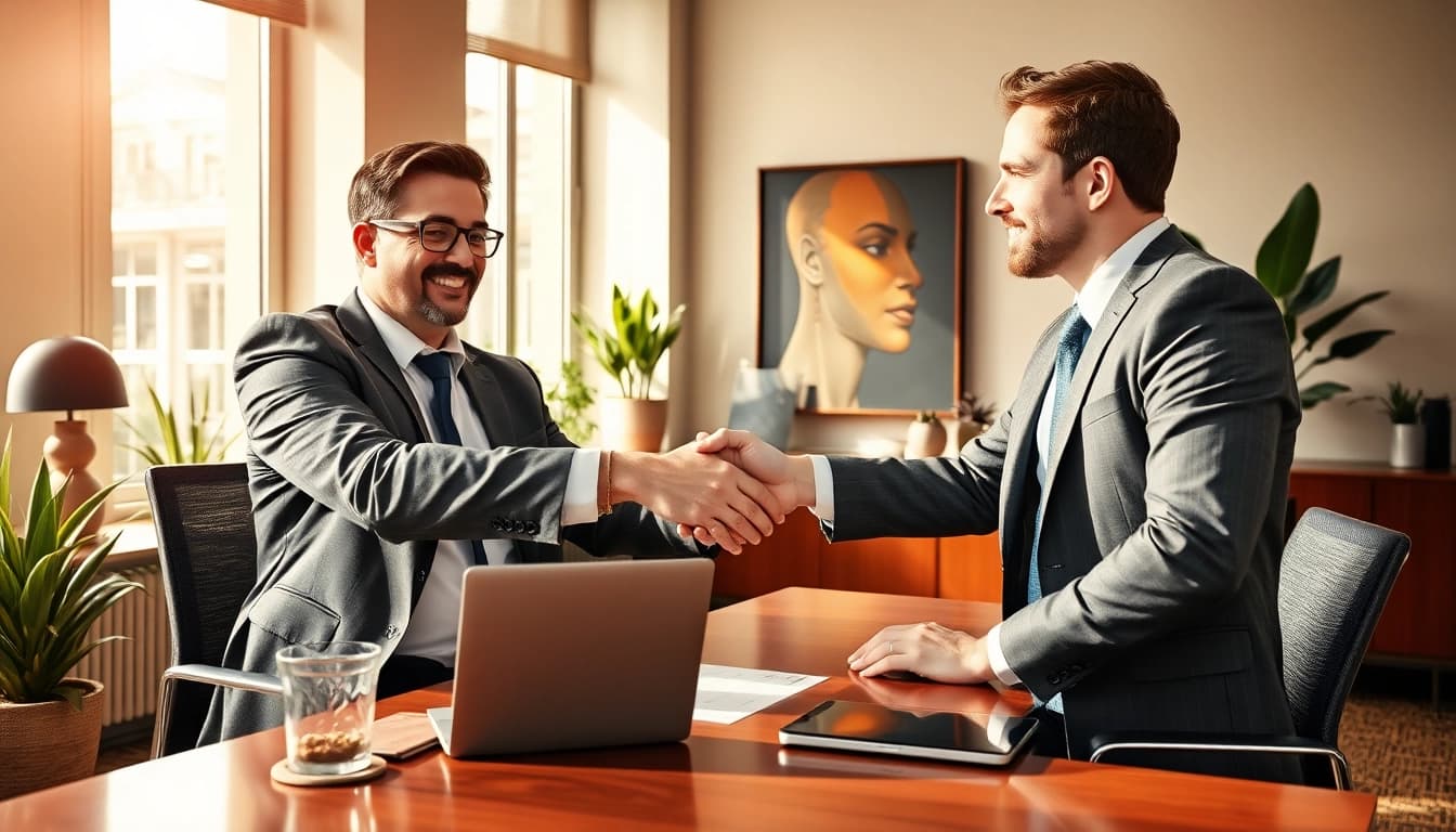 Headhunter für Sales Manager bei einem erfolgreichen Gespräch mit einem Kandidaten in stilvollem Büro.