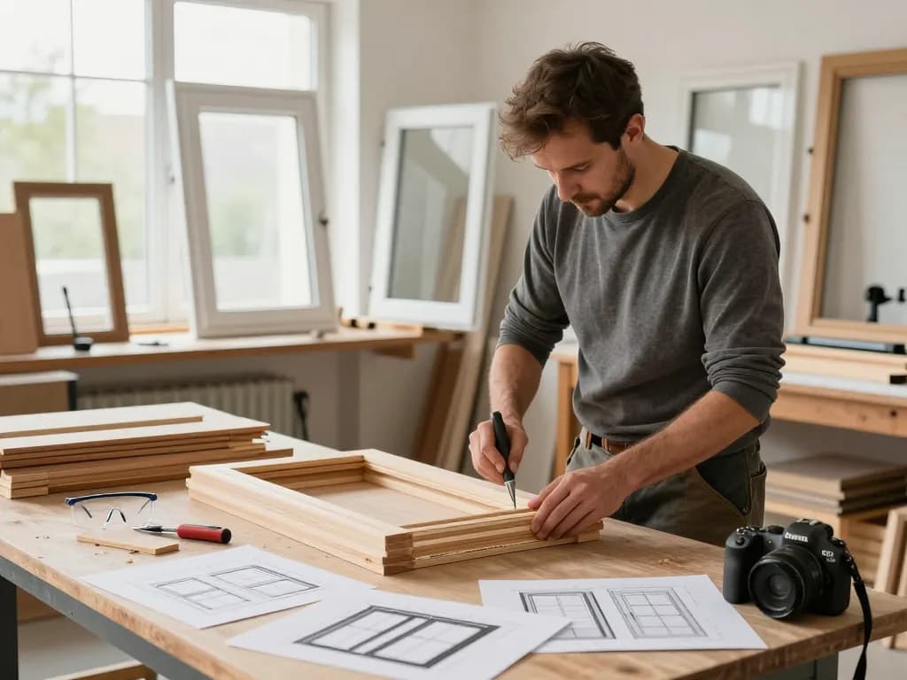 Handwerker formt Holzfensterrahmen für den Fensterbau in einer sonnenbeschienenen Werkstatt.