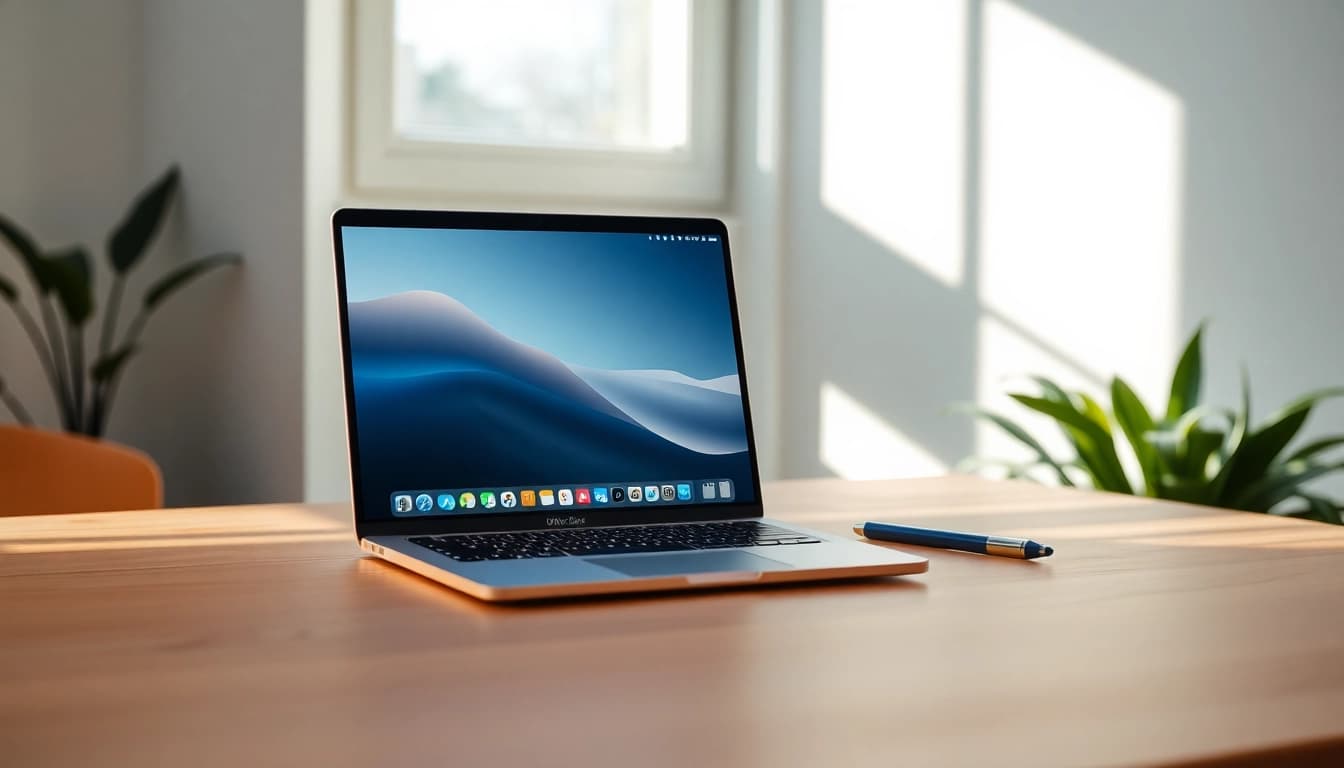 Entdecken Sie Office 2024 für MacBook Pro M3 auf einem stilvollen Schreibtisch mit natürlichem Licht.