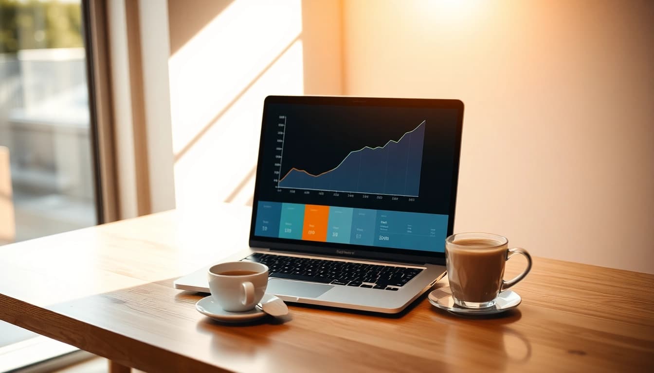 Illustration eines Laptops mit Web-Rang-Diagramm, das eine erhebliche Steigerung der Website-Rankings zeigt, umgeben von kreativem Arbeitsumfeld.