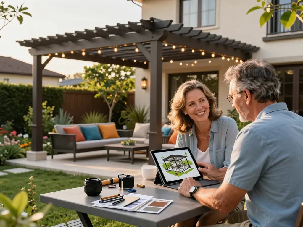 Software für Pergola-Installateure, während ein Paar ein individuelles Pergoladesign mit einem Tablet in einem schönen Garten erkundet.