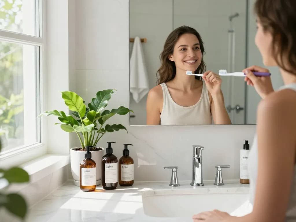 Verwendung einer Laifen Zahnbürste für eine erfrischende Zahnpflege-Routine in einem stilvollen Badezimmer.