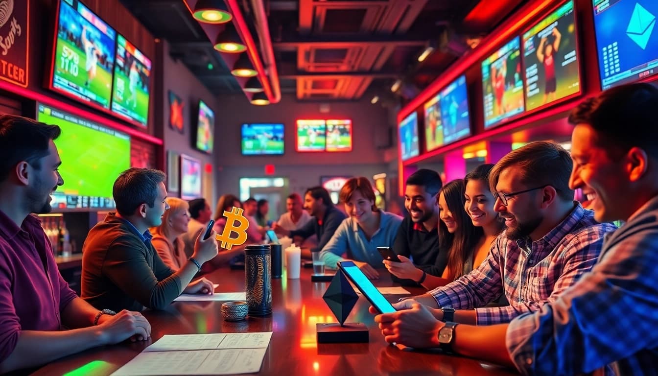 Experience the excitement of sports betting with crypto in a lively sports bar setting.