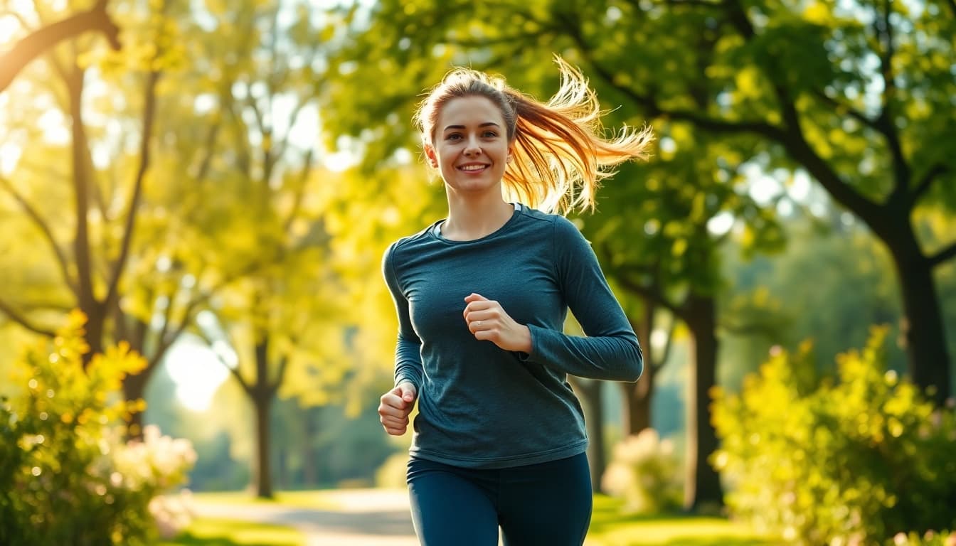 Aktive Person beim Joggen im Park, die gesunden Gewichtsverlust durch Bewegung symbolisiert.