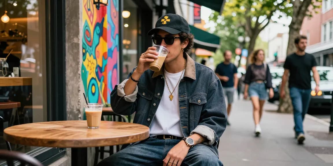 Stylish individual enjoying rokok88 at a trendy cafe in an urban setting