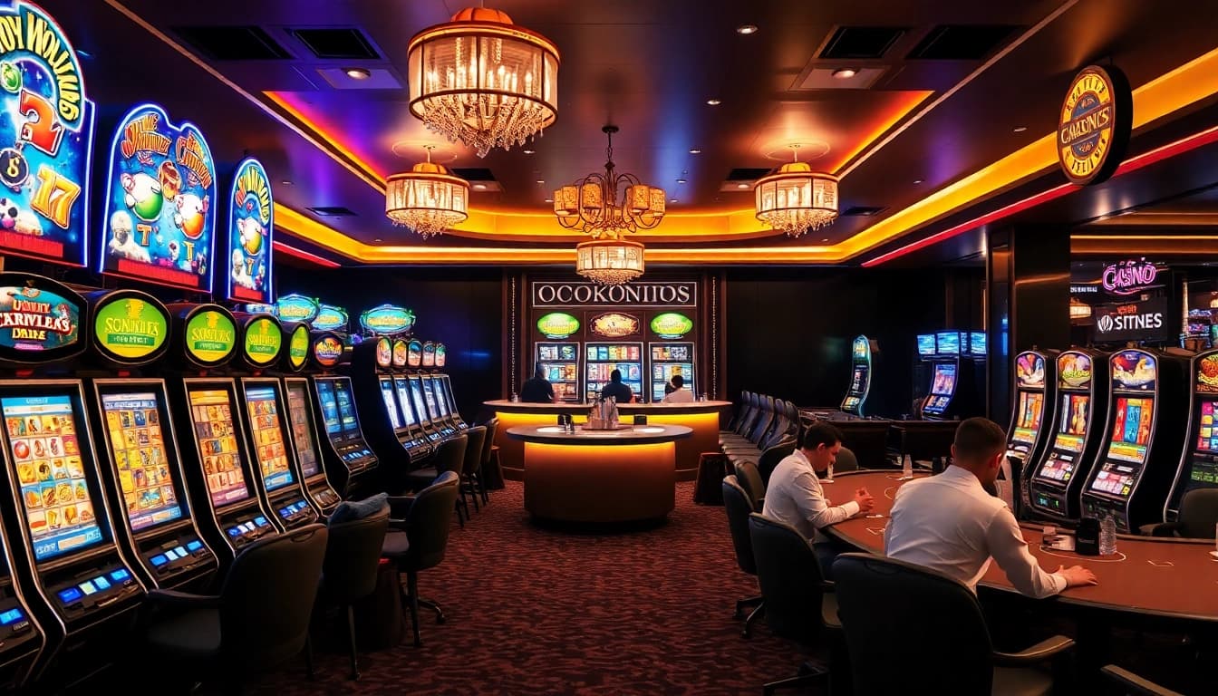Erleben Sie die aufregende Atmosphäre im Online Casino mit bunten Spielautomaten und glücklichen Spielern.