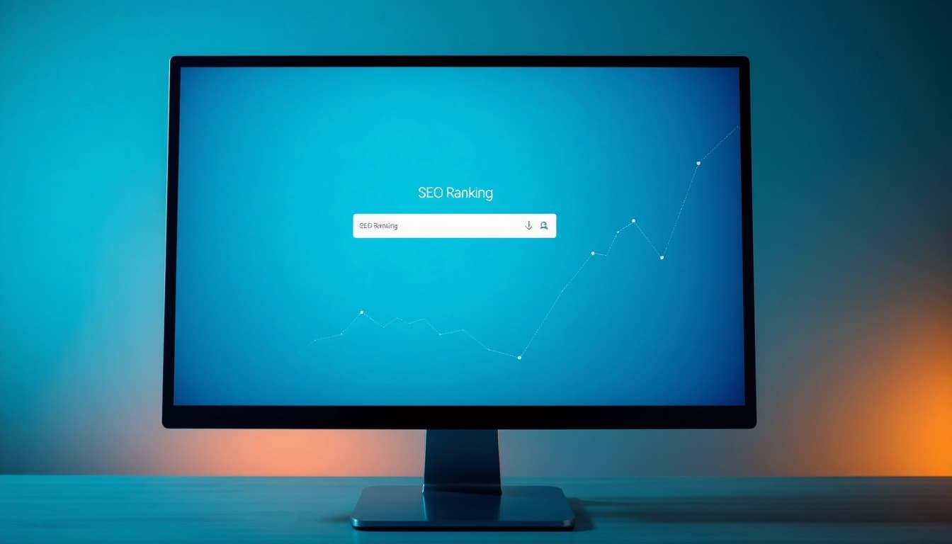 Visualisieren Sie das Konzept des SEO-Rankings mit einem Computer-Bildschirm, der den Google-Suchseitenhintergrund und Wachstumskurven zeigt.