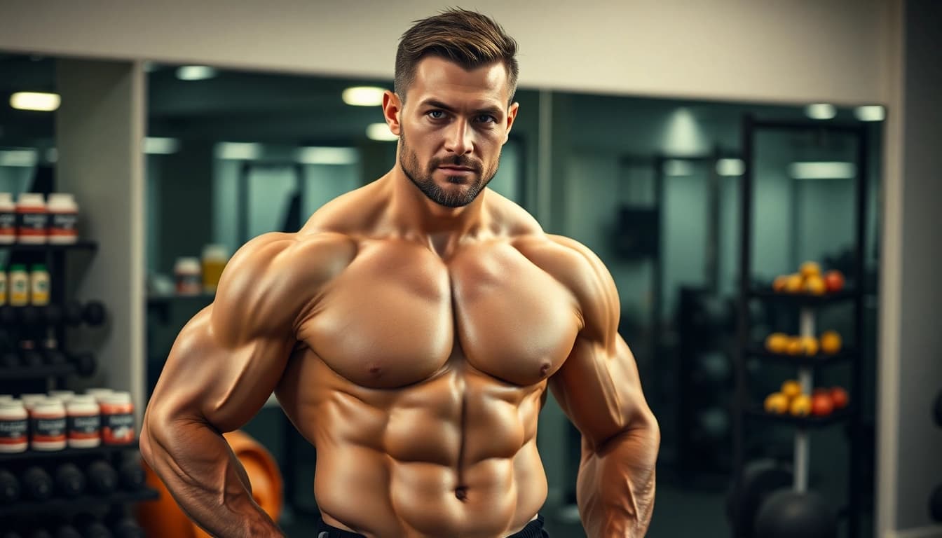 Professioneller Bodybuilder mit Unique Pharma Steroids im Fitnessstudio.