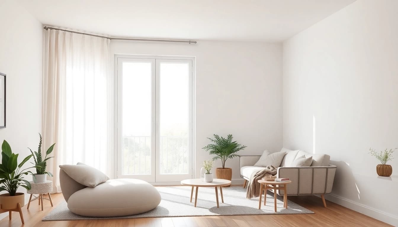 Plissee ohne Bohren am Fenster in einem modernen Wohnzimmer mit sanften Farben und natürlichem Licht.
