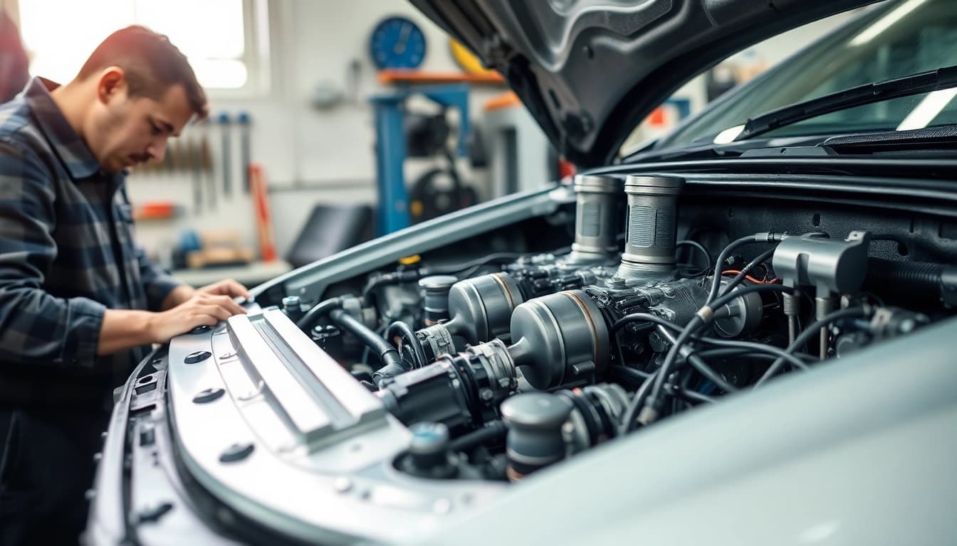 Motorschaden Ankauf: Professioneller Mechaniker prüft ein beschädigtes Fahrzeug im Werkstattumfeld.