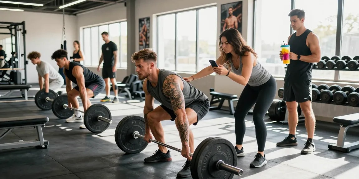 Anabolika Shop: Fitness-Enthusiasten, die im modernen Gym Gewichte heben und Proteindrinks vorbereiten, zeigen eine energetische Umgebung.