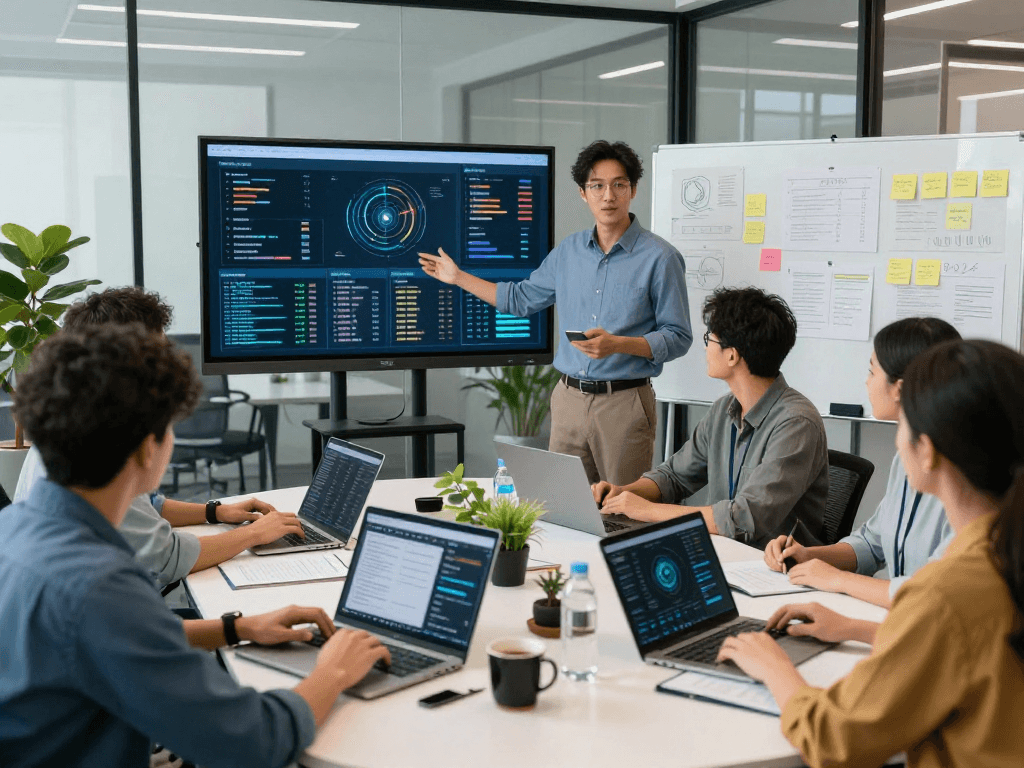 Daten- und IT-Sicherheit Dienstleistung team collaborating on IT security analytics in a modern workspace.