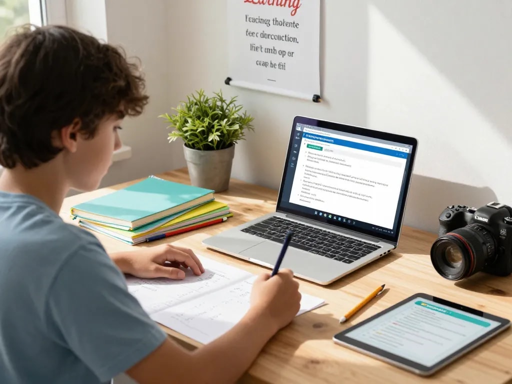 Student nutzt Technologie, um Hausaufgaben effizient in einem gemütlichen Arbeitszimmer zu lösen.