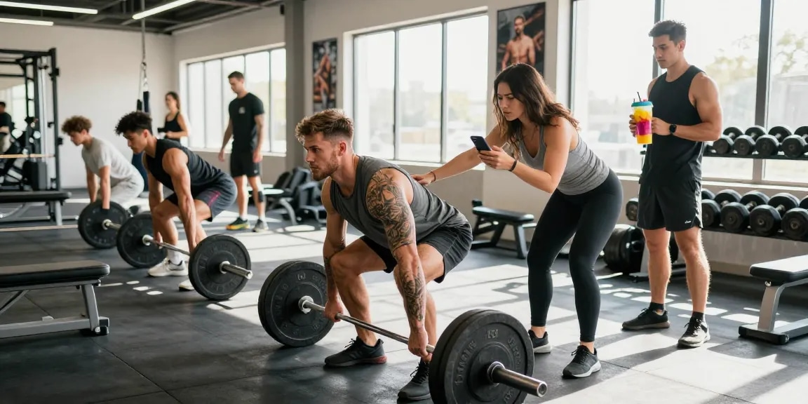 Anabolika Shop: Fitness-Enthusiasten, die im modernen Gym Gewichte heben und Proteindrinks vorbereiten, zeigen eine energetische Umgebung.