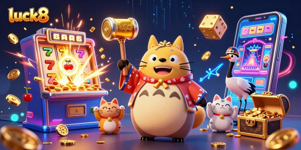 Experience the excitement with luck8 through a vibrant 3D illustration featuring animated characters and casino elements.