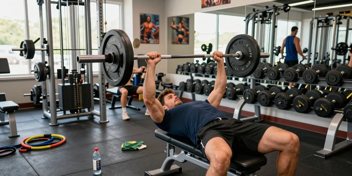 Anabolika Shop fitness scene with athletic man bench pressing weights in a dynamic gym atmosphere, showcasing strength training.