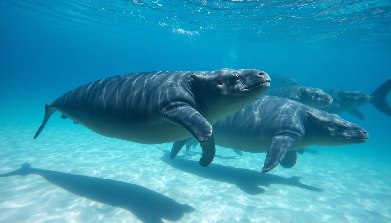Tauchen Bullenhaie: Ein Taucher kniet im Sand, umgeben von majestätischen Bullenhaien in klarem Wasser.
