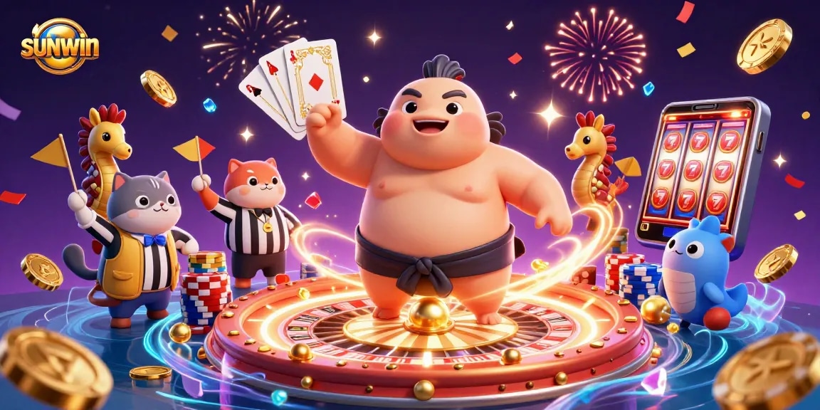 Engage with the excitement of sunwin as the fugu battles in an underwater casino surrounded by vibrant game elements.