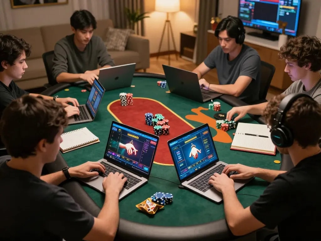 Players engaging in an intense online poker game with DA88, showcasing focused strategies and digital chips.