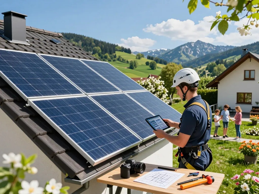 Techniker inspiziert Photovoltaik Bayern Solarpaneele auf dem Dach eines bayerischen Hauses, sonnige Wohnlandschaft.