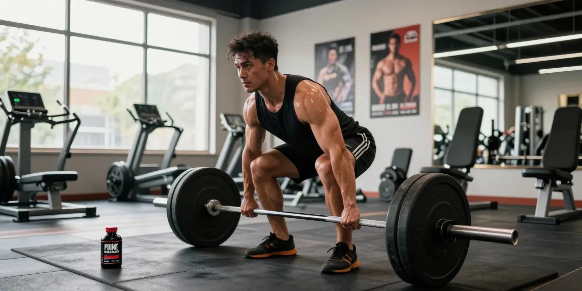 Musculöser Athlet beim Kreuzheben in einem hellen Fitnessstudio, der Fitnessengagement und die Wirksamkeit von Prime Pharma Steroiden demonstriert.