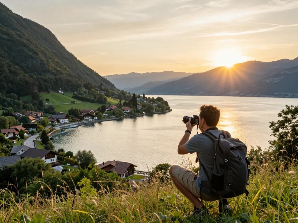 Reisender genießt den Sonnenuntergang am Gardasee, ideal für Abenteuer während des Urlaubs am Gardasee.