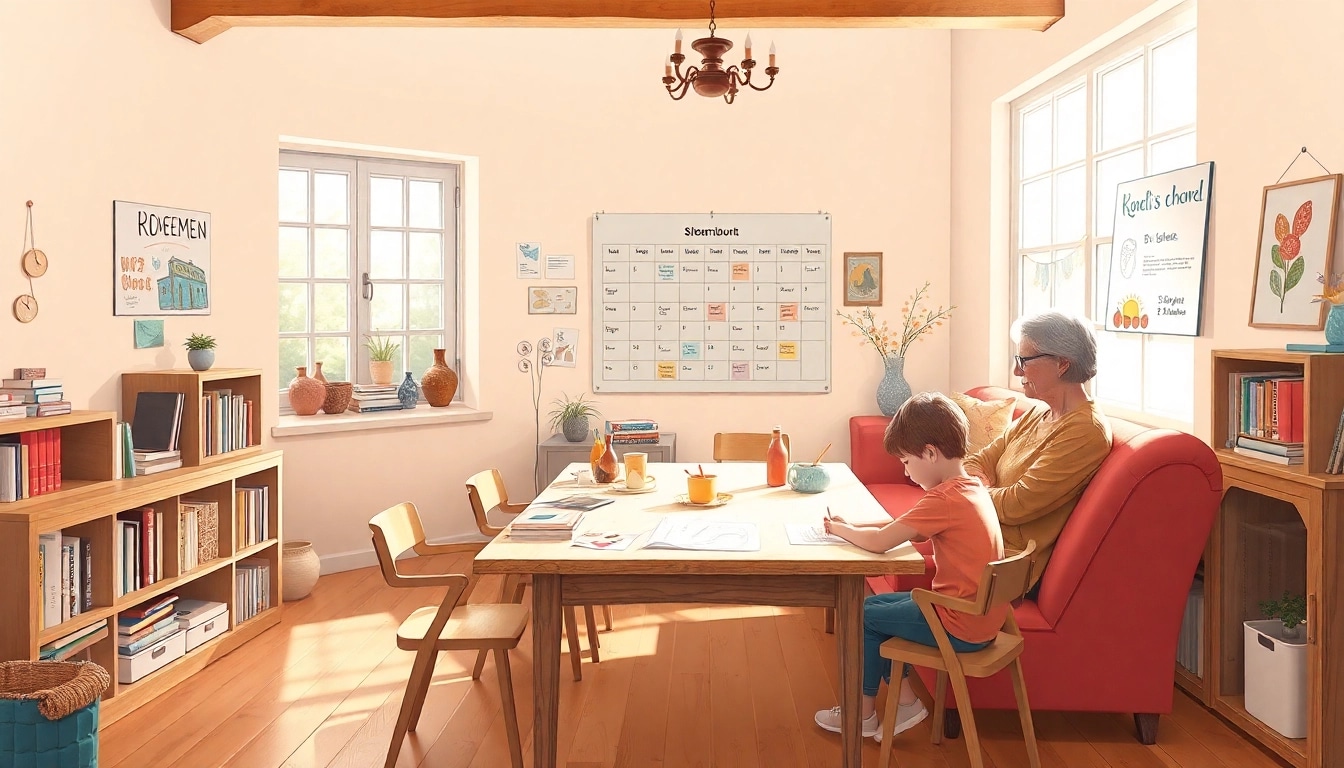 Heimunterricht zu Hause: Ein Kind lernt von einem Erwachsenen in einem hellen und freundlichen Klassenzimmer.