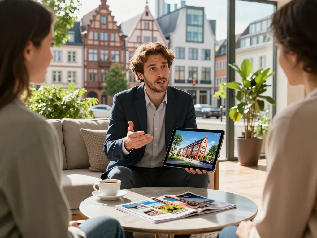 Engagierter Immobilienmakler, der Immobilien als Immobilienmakler Frankfurt Sachsenhausen während eines Kundengesprächs präsentiert.