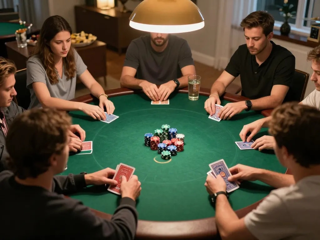 Players engaged in a competitive poker game at home, showcasing VA88 strategy and camaraderie.