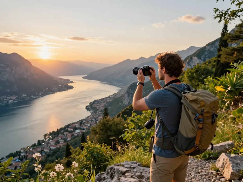 Gardasee Reisetipps: Reisender genießt die malerischen Ausblicke und Abenteuer rund um den Gardasee bei Sonnenuntergang.