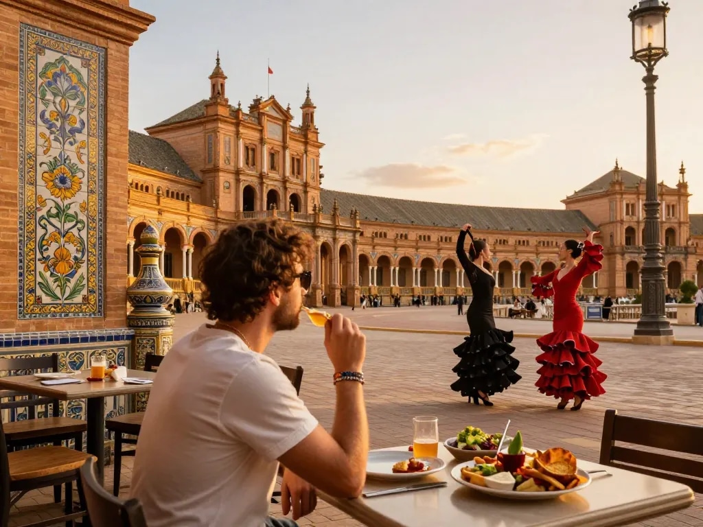 Reisetipps Sevilla, Reisender genießt Tapas in lebhaftem Café im Freien mit Flamenco-Tänzern.