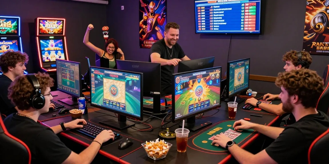 Exciting gaming atmosphere at https://gemwin.pics/ with players engaged in thrilling online casino games and colorful LED lighting.