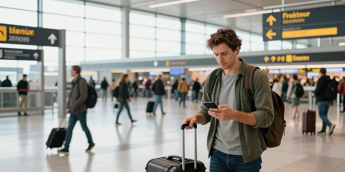 Frankfurt Airport Transfer in a bustling terminal with travelers exploring options.