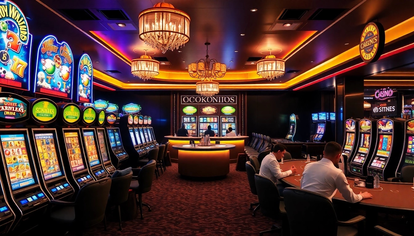 Erleben Sie die aufregende Atmosphäre im Online Casino mit bunten Spielautomaten und glücklichen Spielern.