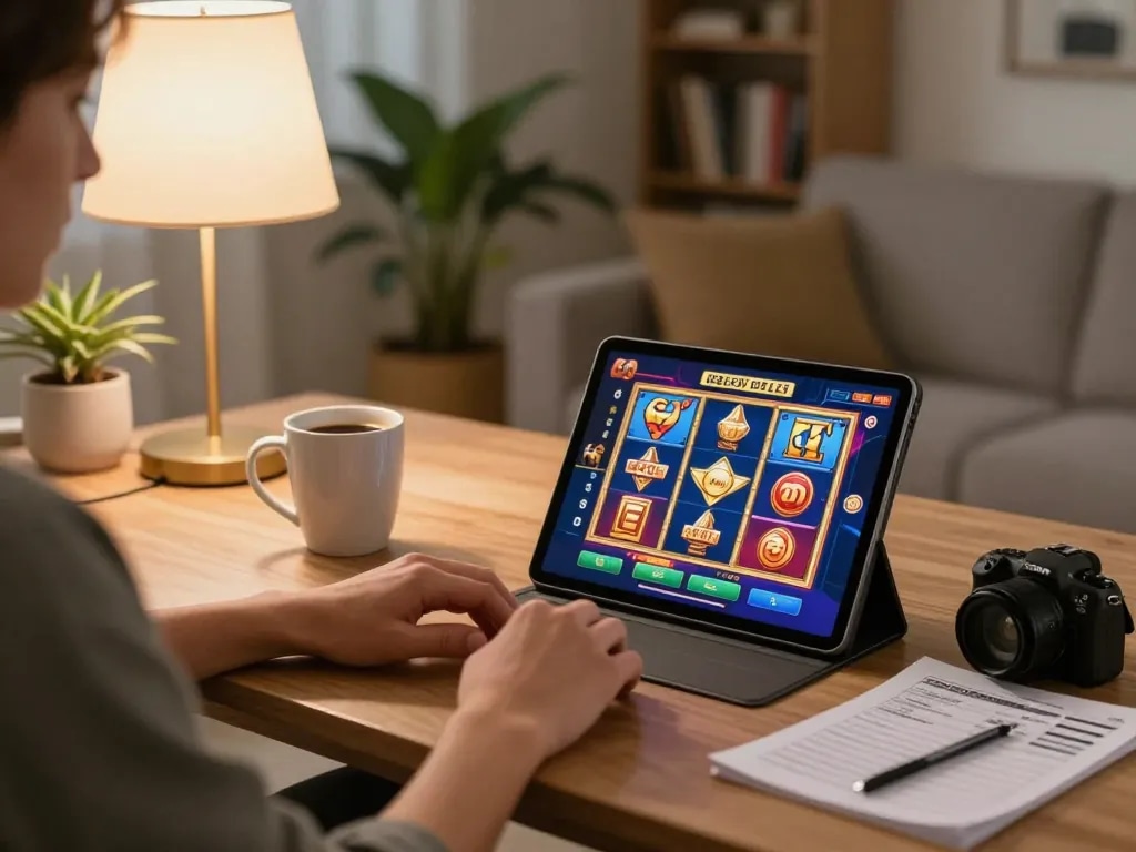 Engaging in online gambling with GO88 on a tablet in a cozy living room.