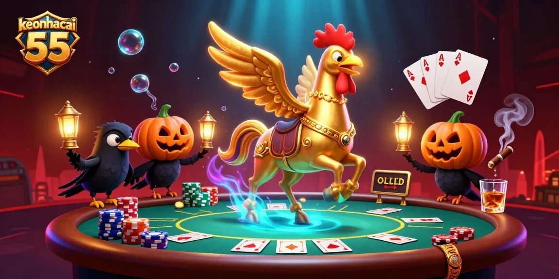 Engage in thrilling action with keonhacai 55 amidst a vibrant midnight casino scene featuring poker elements.