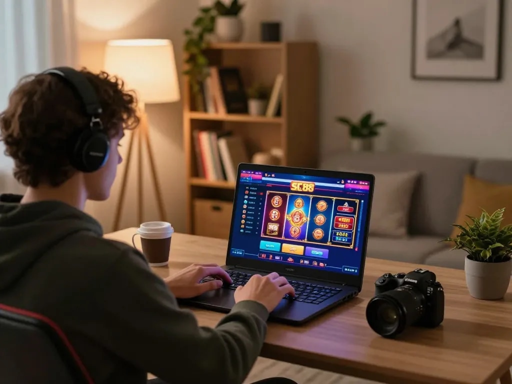 Engaged player exploring SC 88's online casino interface from a cozy home setup