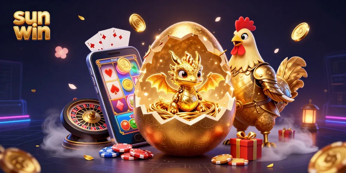 Spin the reels with sun win in this vibrant, epic gambling-themed scene featuring a baby dragon and golden egg.