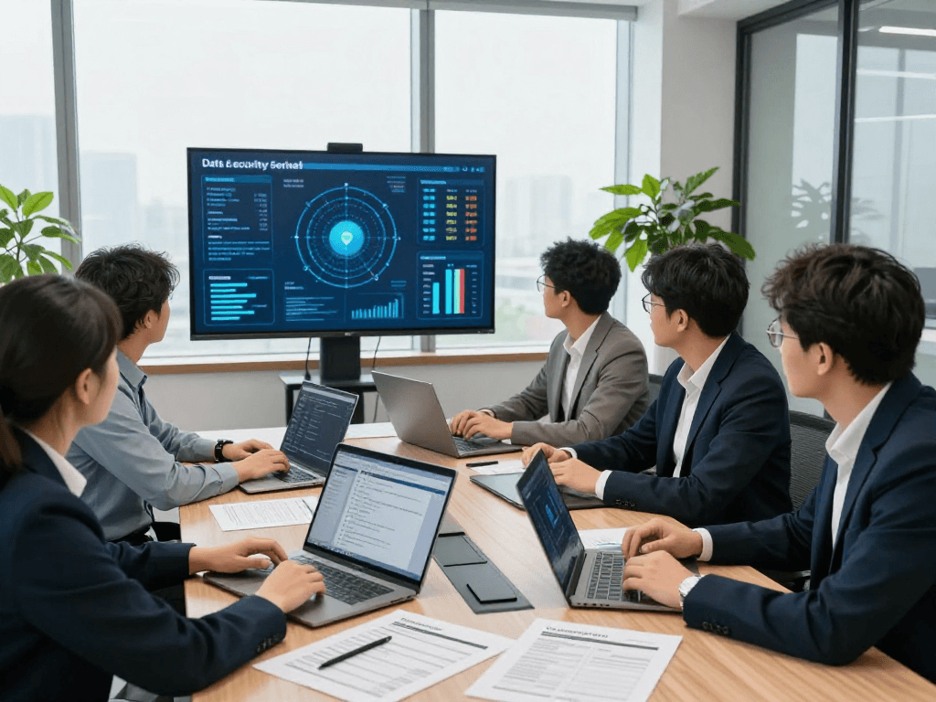 Daten- und IT-Sicherheitsdienstleistungen: Ein Team von Experten arbeitet in einer Büroumgebung an Sicherheitslösungen.