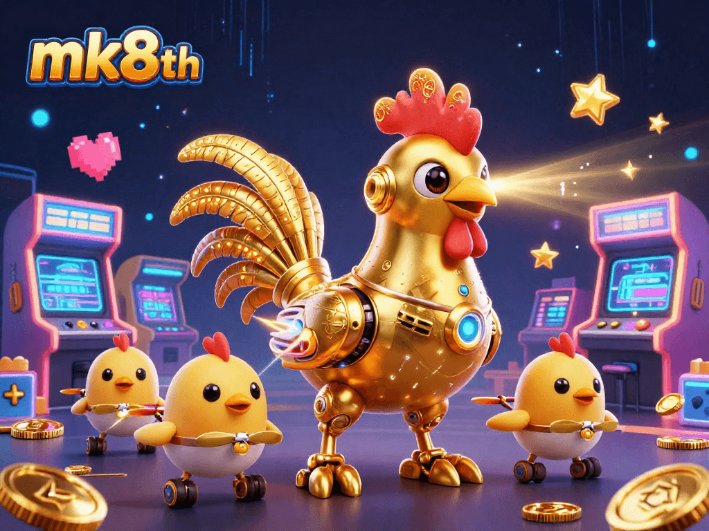 Engage with mk8th's exciting gaming scene featuring a robot rooster and dynamic arcade elements.