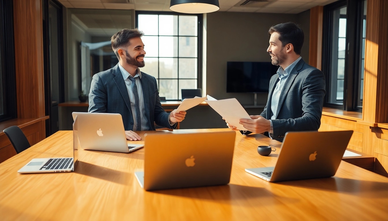 Interaktion zwischen einem Headhunter IT und einem Kandidaten in einem modernen Büro, umgeben von Technologie.