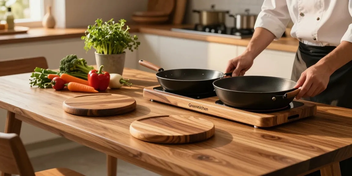 Topfuntersetzer aus Holz im eleganten Küchenambiente, ideal für heiße Pfannen.